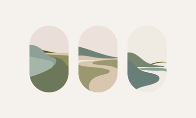 Minimal Abstract Landscape Nature Vector. A set of minimal vector illustrations featuring abstract landscapes with soft earthy tones.