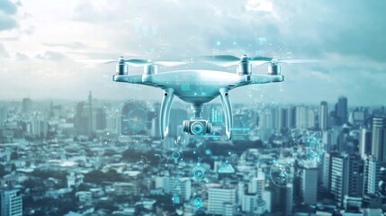 Fototapeta premium An AI powered system improving autonomous drone navigation by analyzing flight data, airspace conditions, and obstacle detection to enhance drone safety and efficiency