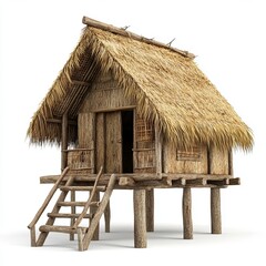 Nipa hut isolated on a white background showcasing traditional bamboo and thatch architecture
