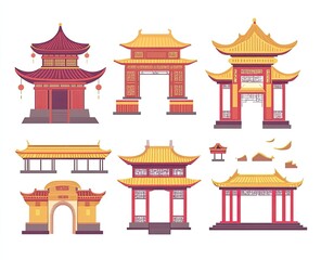 Asian Pagoda and Gate Illustrations