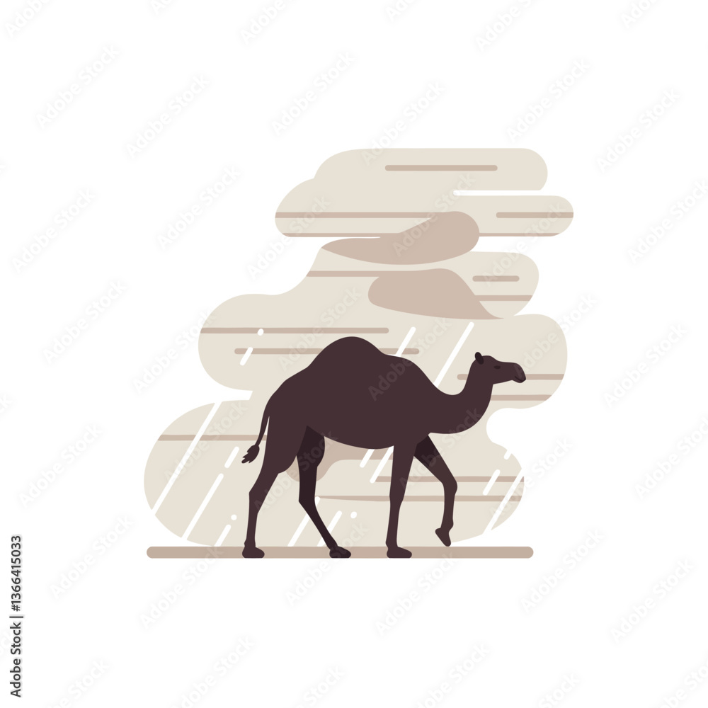 Poster a solitary camel walking through a serene desert landscape with minimalistic design elements in soot