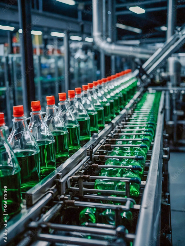 Poster automated machinery efficiently bottles natural products during an evening shift