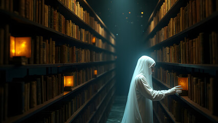 A spectral archivist’s gloved hands sort books where "TAX" is carved into pages. The library glows with gold and blue orbs in the void.