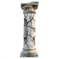 Old broken crack pillar isolated on a white background showcasing vintage and damaged architectural design