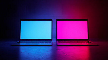 Two laptops next to glowing blue and pink screens in dark room