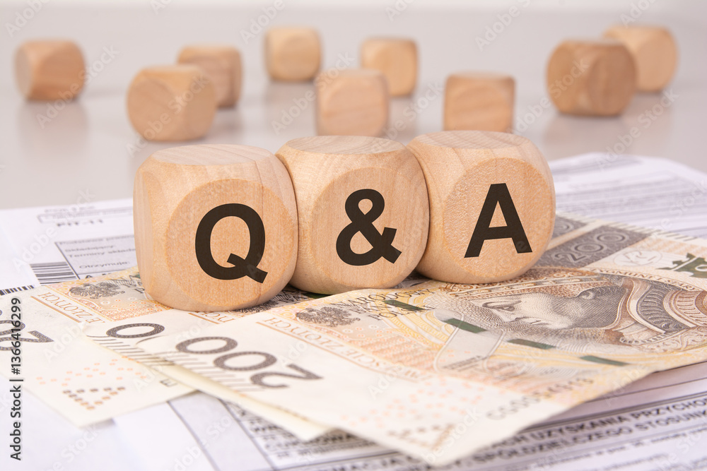 Poster wooden blocks spelling qa - q and a - on financial documents and money, symbolizing financial questi