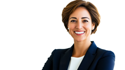 Smiling business lady with folded arms on black, cut out transparent