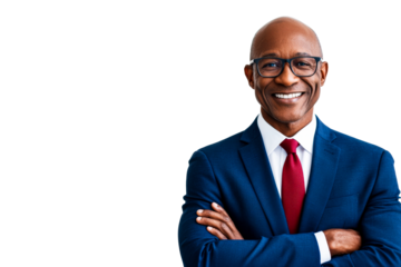 Smiling mature businessman in suit poses, isolated background, cut out transparent