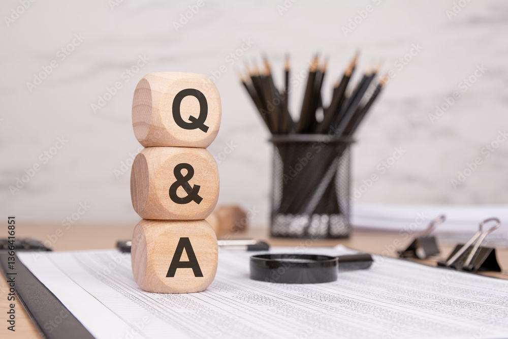Poster stacked wooden cubes with q a q and a letters on a desk, symbolizing questions and answers