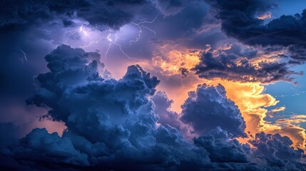 Fototapeta premium Dramatic storm clouds with lightning and sunset - striking atmospheric scene