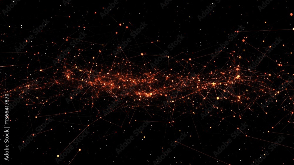 Poster dynamic visualization of an interconnected star network with glowing orange lights against a deep bl