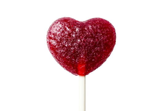 Heart shaped lollipop on stick with vibrant red color