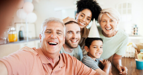 Birthday, selfie and smile with family in home for party, celebration and picture. Support, dessert and love with portrait of parents and child for memory, photography and surprise event together