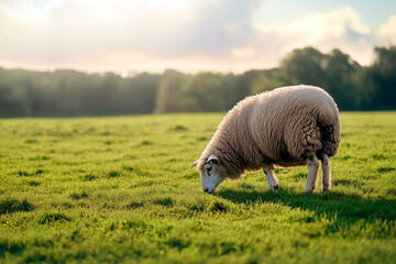 Sheep grazing on a lush green field under soft sunlight with a forest in the background