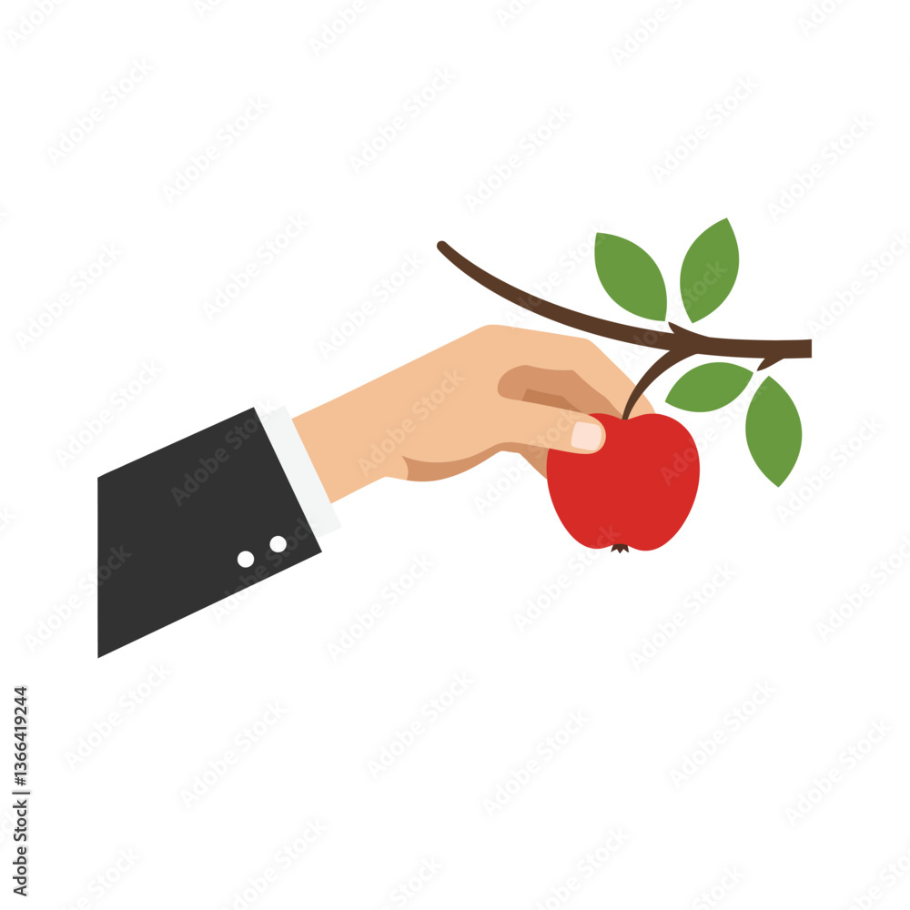 Poster hand reaching for a ripe red apple on a branch in a flat and minimal vector illustration