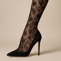Woman legs in elegant black lace stockings and high heels. Fashion and style footwear concept.