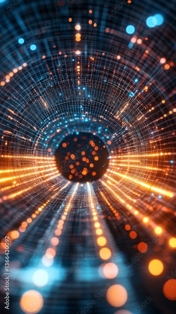 Poster an abstract glowing tunnel with bursts of orange and blue lights, depicting futuristic data flow and