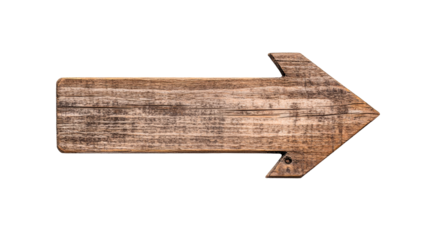 Wooden direction arrow points right on black background, cut out transparent