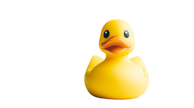 Yellow rubber duck with an orange beak, on black background, cut out transparent