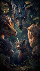 Fantasy scene with dragons and mythical creatures in lush green foliage