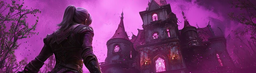 Woman approaches haunted castle, dark forest, purple sky, fantasy game art