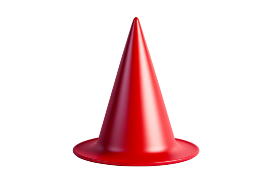 Glossy red cone with flared base on black background, cut out transparent
