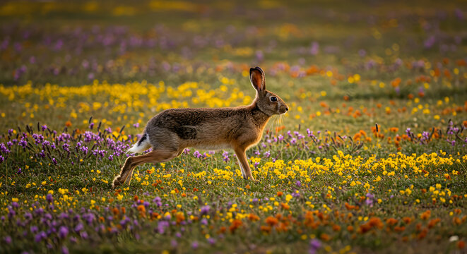 Elegant South African springhare hopping amidst vibrant wildflowers field scenery
