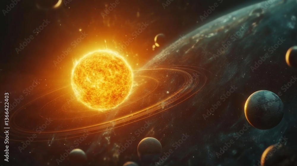 Poster a mesmerizing view of a radiant sun with orbiting celestial bodies, showcasing the vast beauty of sp
