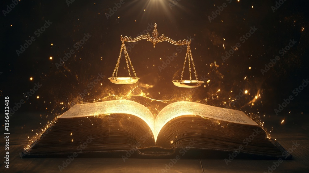 Poster an open book illuminated by glowing golden light, with scales of justice floating above. captivates 