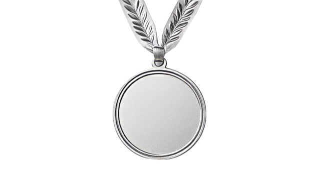 Silver blank medal with ribbon, award template, prize, cut out transparent