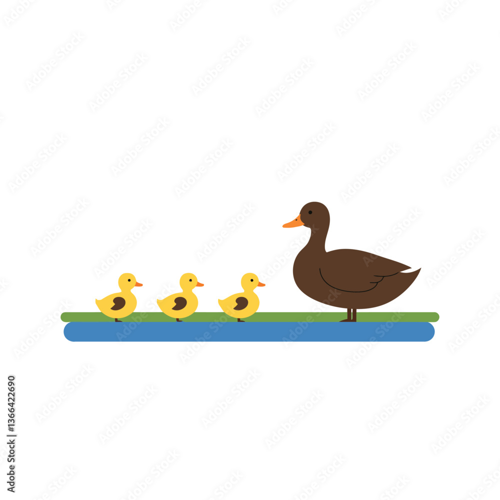Aufkleber a mother duck leading three fluffy ducklings in a colorful flat design vector illustration showcasin