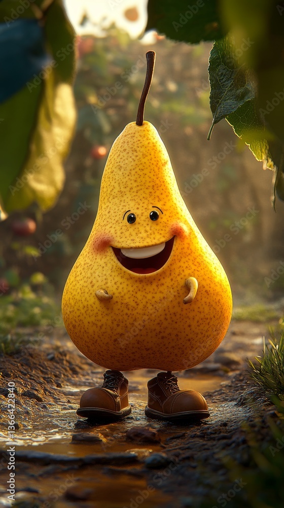 Poster joyful anthropomorphic pear with a wide smile and boots, standing on a muddy path surrounded by gree