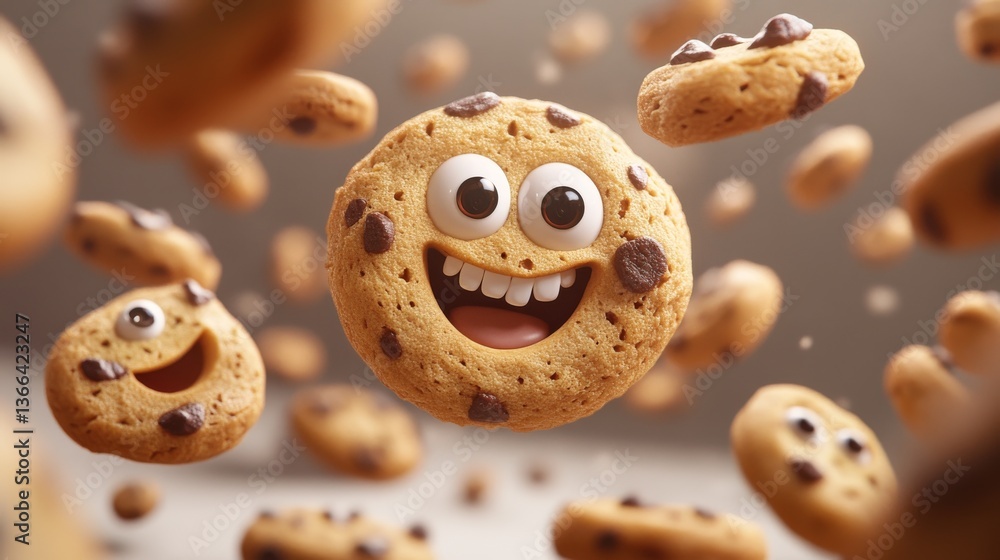 Poster a cheerful chocolate chip cookie with a beaming smile surrounded by floating companions, showcasing 