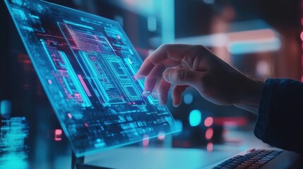 Hacker analyzing network firewall visualization in a cybersecurity lab digital interface futuristic environment close-up view