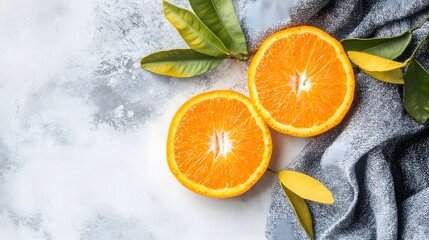 Juicy Orange Halves with Leaves on Gray Fabric