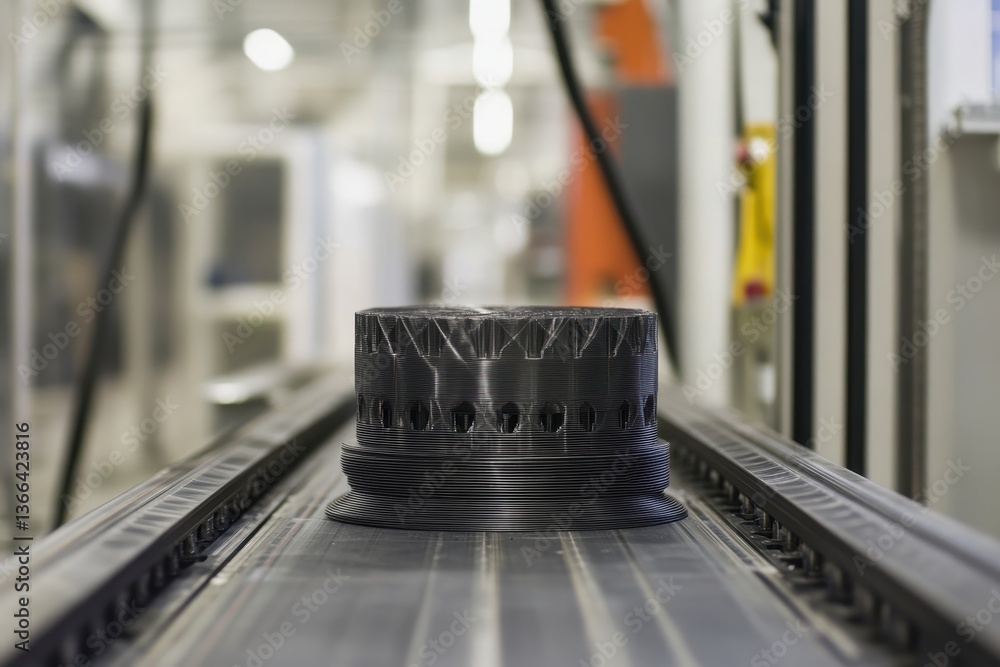 Aufkleber black 3d printed object on a production line, in a factory setting. use for additive manufacturing, 