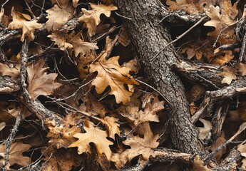 Autumn tree branches and fallen leaves pattern, with a dark brown tree trunk and branches background