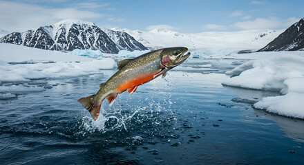 Fototapeta premium Arctic Char's incredible leaping display in icy water beneath snow mountains