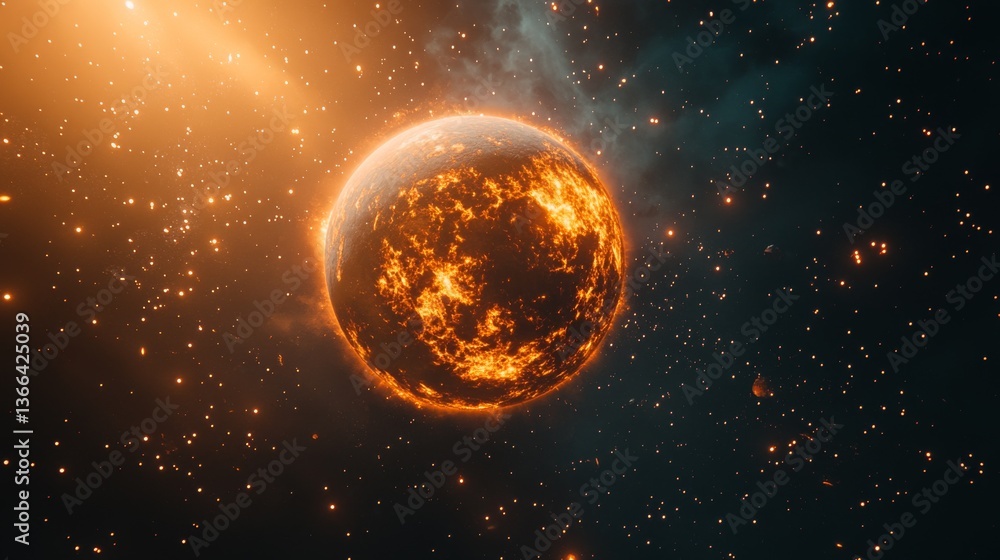 Poster a mesmerizing view of a burning celestial sphere surrounded by shimmering stars and glowing cosmic p