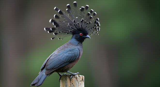 Exotic umbrellabird perched on a wooden stump displaying its unique crest