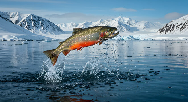 Arctic Char's daring leap against the backdrop of majestic snowy mountains