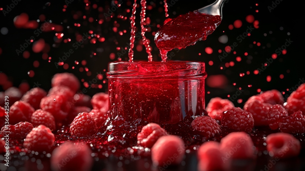 Poster close-up of vibrant red raspberry jam being poured into a glass jar, surrounded by fresh raspberries