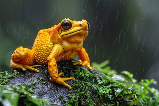 Conservation of golden poison frog critical deforestation threatens survival Colombian rainforest Resting mossy rock vivid yellow skin warns predator of toxicity Preserving natural habitat ensures - Powered by Adobe