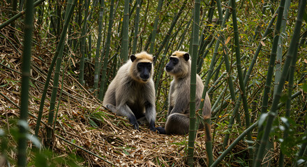 Fototapeta premium Two Golden-bellied Mangabeys perched amidst a vibrant bamboo forest environment