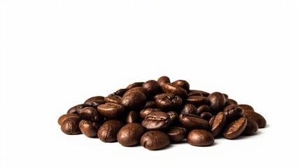 Fototapeta premium Pile of roasted coffee beans sit isolated for brewing preparation on white background detail