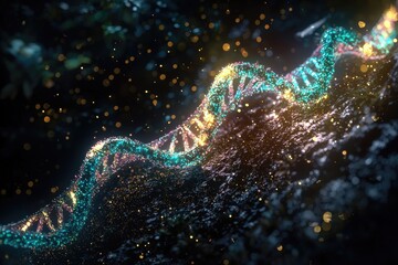 Obraz premium Glowing multicolored dna helix with shimmering particles on dark abstract background