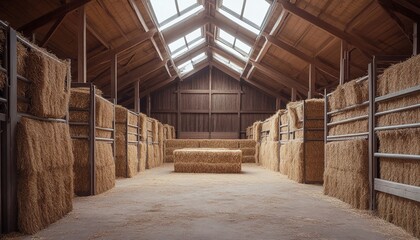 wide shot of an old barn interior, hay bales lined up on both sides, leading to the end of the barn, wooden structure, skylight, light rays, hay dust on the ground
