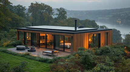 Modern cabin nestled on a hillside overlooking a serene valley