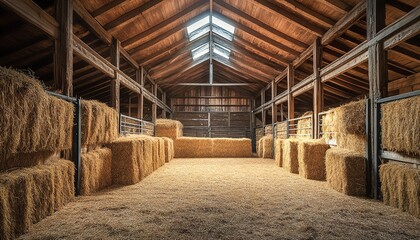 Fototapeta premium wide shot of an old barn interior, hay bales lined up on both sides, leading to the end of the barn, wooden structure, skylight, light rays, hay dust on the ground