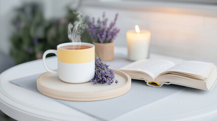 Fototapeta premium Cozy Relaxation Scene with Tea and Book